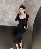 【2色】ロングドレス小顔効果セクシーマーメイド袖付き気質エレガントXH2-DD5667