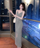 ロングドレス キャバドレス 千鳥格子 エレガント スリット 気質 chic おしゃれ XH2-ZED883938KKC111