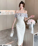 膝丈ドレス オフショルダー フリル 気質 エレガント 通勤 着痩せ おしゃれ XH2-DD4479