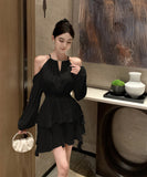 【ベージュ＆ブラック】ミニドレス キャバドレス エレガント 気質 フリル 大人可愛い XH2-DD5043