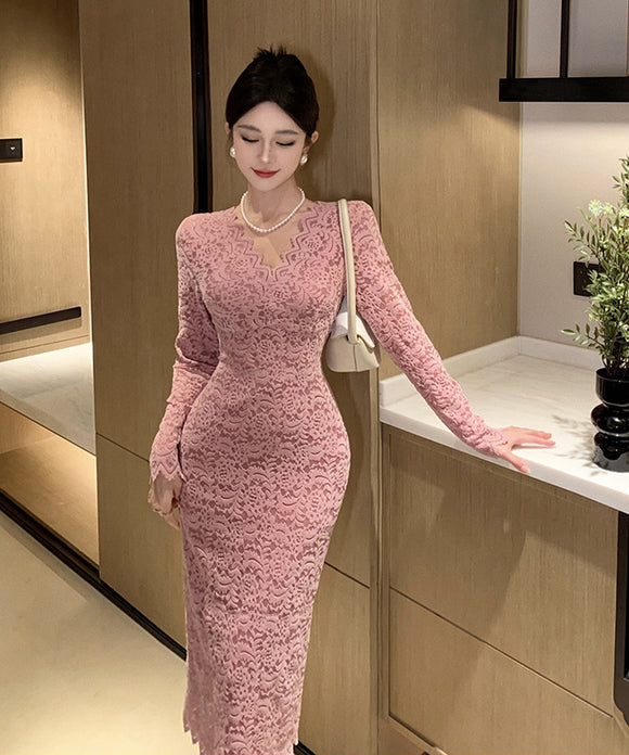 ロングドレス キャバドレス レース 高級感 Vネック エレガント 気質 袖付き XH2-ZED885423DXH449B