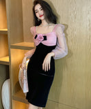 手作り 膝丈ドレス エレガント スクエアネック セレブ風 ローズ チュール 高級感 XH2-JY9707