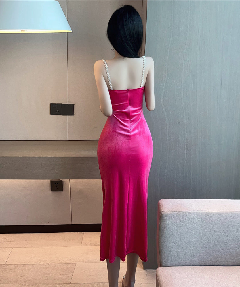 【3色】ロングドレス Vネック 谷間魅せ 指名 真珠 美足効果 XH2-DD5080