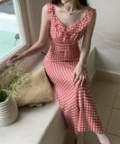 ロングドレス チェック柄 かわいい 夏新作 着痩せ おしゃれ 気質 YH2-ZED887005GT513