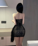 【2色】ミニドレスベアトップキャバドレスレース非対称セクシー肌見せ指名谷間見せパーティーXH2-DD4245