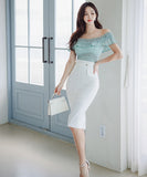 キャバドレス 膝丈ドレス エレガント 気質 オフショルダー フリル レース XH2-ZED880945E