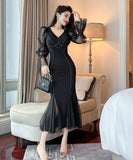 手作り 膝丈ドレス レース セクシー Vネック 谷間魅せ 宴会 マーメイド エレガント 気質 XH2-JY20679