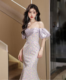 ロングドレス ナイトドレス マーメイドドレス 宴会 オフショルダー パフスリーブ エレガント 演奏会 誕生日 XH2-MBYDAL793027441419