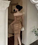 ロングドレス チュール エレガント セレブ風 オフショルダー 気質 宴会 パーティー 高級感 キラキラ XH2-ZED88655DXH346A