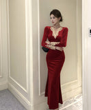 ロングドレス マーメイドドレス セクシー エレガント 袖付き 気質 着痩せ chic 女子力 XH2-ZED886339DXH348A