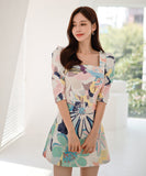 ミニドレス 花柄 春新作 パフスリーブ Aライン エレガント 着痩せ おしゃれ XH2-ZED886608BH506