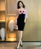 手作り 膝丈ドレス エレガント スクエアネック セレブ風 ローズ チュール 高級感 XH2-JY9707