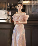 ロングドレス 誕生日パーティー キラキラ 人魚姫 リボン オフショルダー 演奏会 宴会 XH2-WS-P108