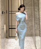 ロングドレスニットドレスワンショルダーセクシーエレガント通勤セクシー気質XH2-XKD-D318A-6340-Jun7