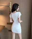 【4色】ミニドレス 秋新作 セクシー タイトドレス 谷間魅せ  おしゃ 着瘦せ XH2-DD4575