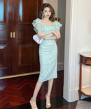 【手作り】膝丈ドレス フリル おしゃれ 小顔効果 スクエアネック エレガント XH2-JY20470