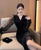 膝丈ドレス キャバドレス エレガント 気質 レース 高級感 Vネック セクシー XH2-ZED889932GT415