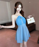 【ブルー&ブラック】ミニドレス キャバドレス ホルターネック 谷間見せ Aライン 着痩せ 気質 XH2-DD7544