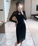 膝丈ドレス 中華風 レース セクシー 秋新作 袖付き おしゃれ 気質 XH2-ZED88959GT415