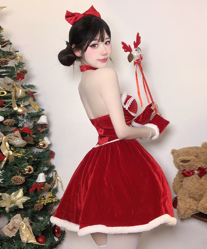 2色【5点セット】クリスマ 大人可愛い セクシー サンタ服 コスプレ Aライン ベアトップ リボン XH2-DML7