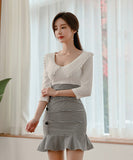 ミニドレス フリル 大人可愛い セクシー 韓国っぽ 小顔効果 ハイウエスト XH2-ZED883036A71