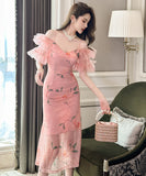 【手作り】ロングドレス ロマンティック風 花柄 パフスリーブ 小顔効果 フリル 大人可愛い XH2-JY10589