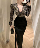 ロングドレス レース マーメイド エレガント 気質 宴会 袖付き Vネック XH2-ZED888300DXH238A