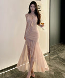 膝丈ドレス チュール フリル 谷間見せ ホルターネック セクシー パーティー エレガント XH2-CD-1-E215-32190590