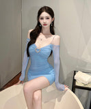 【4色】ミニドレス 秋新作 セクシー タイトドレス 谷間魅せ 袖付き XH2-DD5157