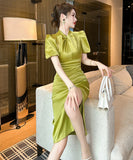 【手作り】膝丈ドレス 高品質 おしゃれ  パフスリーブ エレガント 宴会 高級感 XH2-JY30068