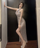 ロングドレス キャバドレス 宴会 セクシー キラキラ 谷間魅力 ノースリーブ YH2-ZED888205DXH238A