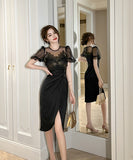 【手作り】膝丈ドレス 高品質 パフスリーブ エレガント 気質 セクシー XH2-JY40062