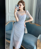 【オレンジ＆ブルー】【手作り】膝丈ドレス エレガント 気質 チュール ユニーク XH2-JY20601