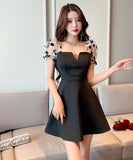 ミニドレス レース キャバドレス パフスリーブ 大人可愛い 谷間見せ セクシー タイトドレス XH2-JX3996