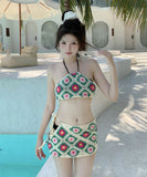 【4点セット】水着 ホルターネック クロシェ編み 切り替え モノキニ ワンピース 体型カバー ボヘミア ビキニ XH7-YQ-HHqASNLL