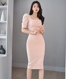 膝丈ドレス セクシー キャバドレス スクエアネック パフスリーブ 谷間魅せ 小顔効果 XH2-ZED886627BH506