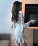 【2色】ミニドレス セクシー フリル キャバドレス 袖付き 谷間魅せ XH2-DD83548