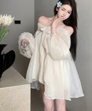 ミニドレス チュール エレガント オフショルダー リボン Aライン 着痩せ 気質 XH2-CD7-328-62130630