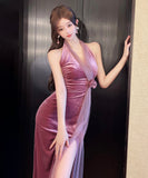 【2色】ロングドレス 宴会 スリット 非対称 ホルターネック エレガント 気質 キャバクラ XH2-ZED886041DXH348