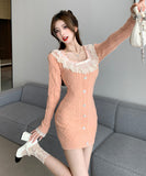 4色 ミニドレス ニットドレス 秋冬定番 セクシー セレブ風 レース 小顔効果 XH2-ZED886072GT513