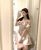 ミニドレスカワセクシーセレブ風オフショルダー高級感リボン誕生日パーティーAラインXH2-CD5-109-80980580
