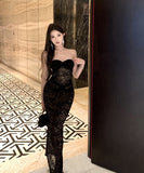 ロングドレス ベアトップ レース セクシー タイトドレス セクシー パーティー 女子力 高級感 XH2-ZED882543DXH437A