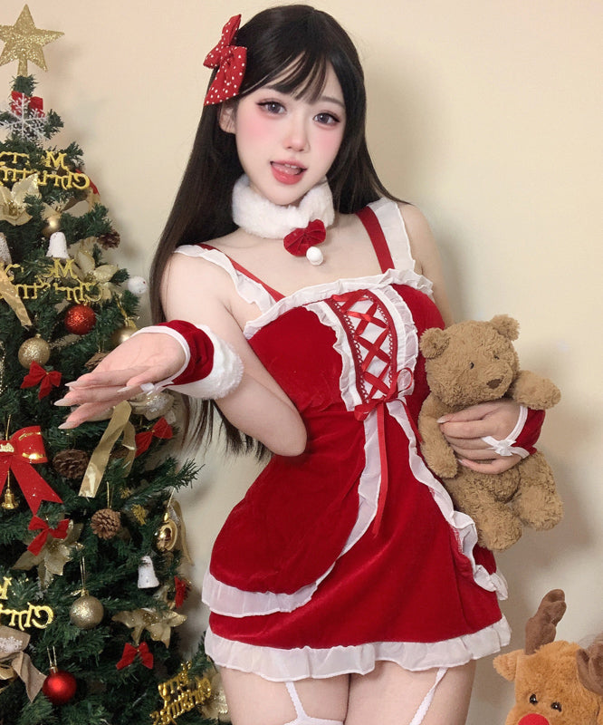 【5点セット】クリスマ 大人可愛い セクシー サンタ服 コスプレ レース リボン XH2-DML63