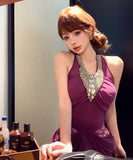 【2色】ロングドレス Vネック 谷間見せ マーメイド 女子力 キラキラ レース 肌見せ セクシー XH2-MXX5983