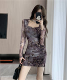 ミニドレス 花柄 セクシー スクエアネック エレガント 袖付き XH2-DD5208
