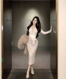 【3色】膝丈ドレス レースドレス 谷間見せ セクシー エレガント 女子力 袖付き 気質 XH2-XKD-D529-6616-Nov28