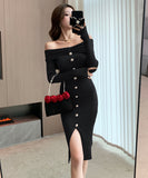 【4色】ニットドレス オフショルダー セクシー  着瘦せ 袖付き エレガント XH2-ZED883071BH453