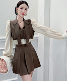 【2点セット】【3色】ミニドレス 大人可愛い 韓国っぽ おしゃれ 着瘦せ パフスリーブ XH2-ZED886831GD653