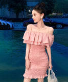 【2色】ミニドレス タイトドレス sexy オフショルダー フリル 大人可愛い XH2-JW9621GT347