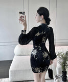 ミニドレス エレガント 気質 セクシー 着瘦せ 袖付き 花柄 XH2-LQE3101H349T